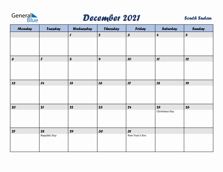 December 2021 Calendar with Holidays in South Sudan