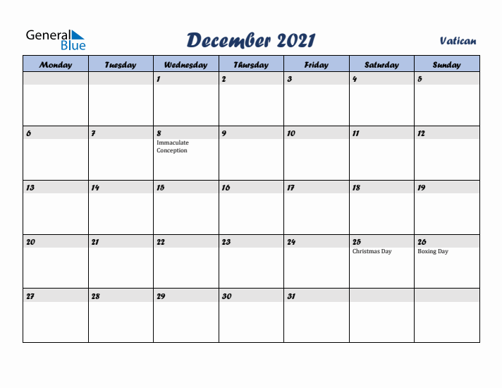 December 2021 Calendar with Holidays in Vatican