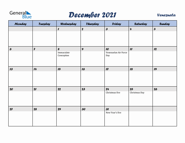 December 2021 Calendar with Holidays in Venezuela