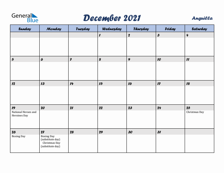 December 2021 Calendar with Holidays in Anguilla