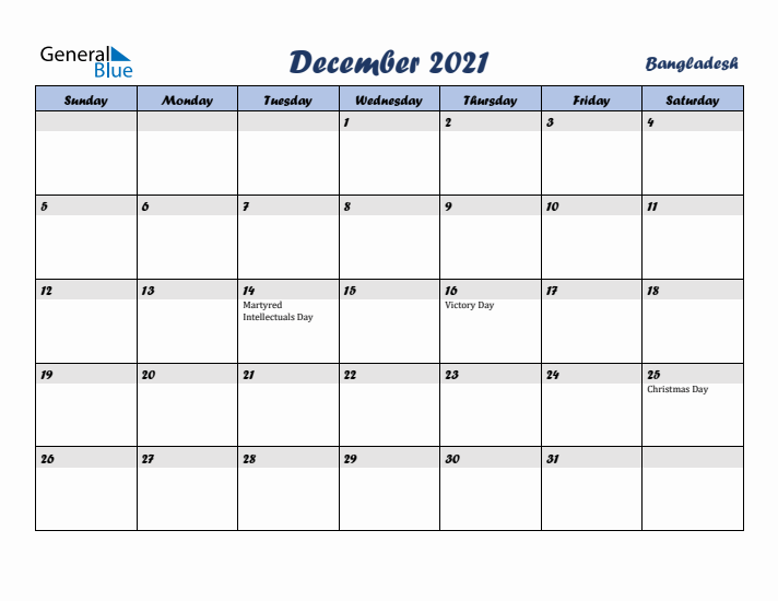 December 2021 Calendar with Holidays in Bangladesh