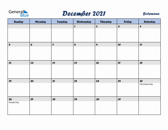 December 2021 Calendar with Holidays in Botswana