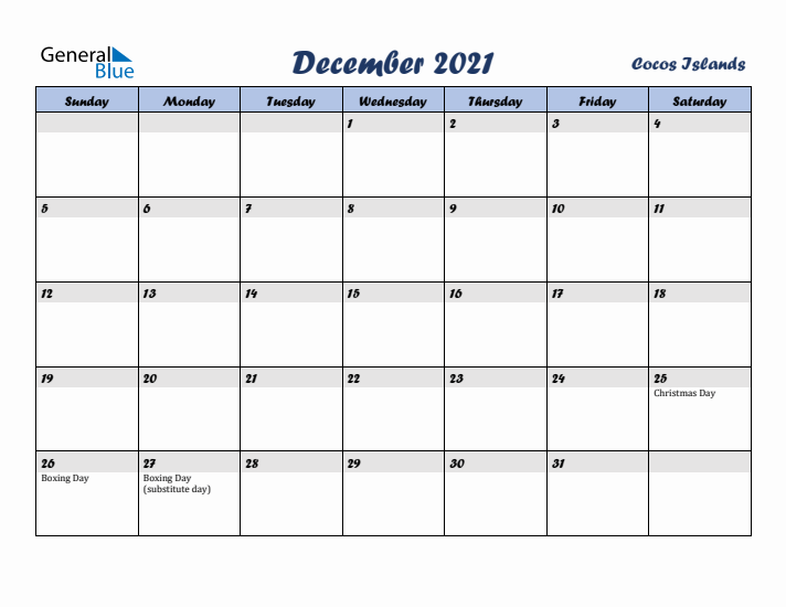 December 2021 Calendar with Holidays in Cocos Islands