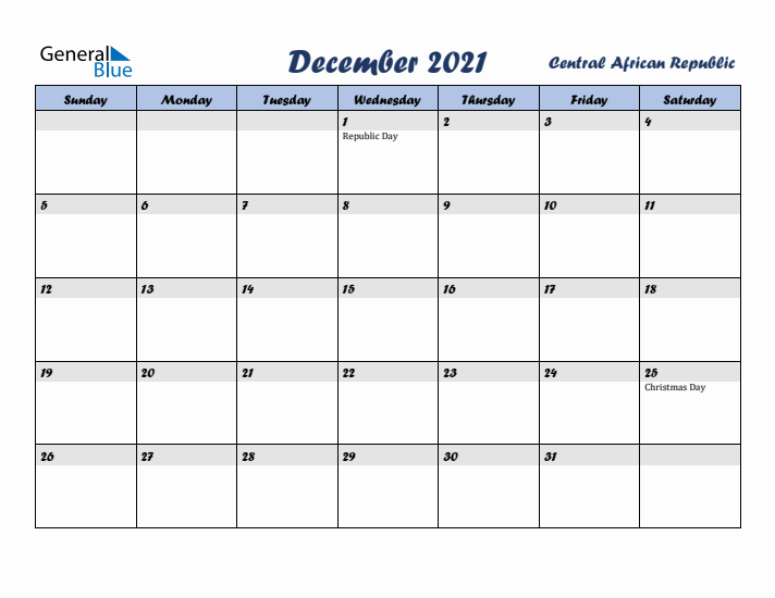 December 2021 Calendar with Holidays in Central African Republic