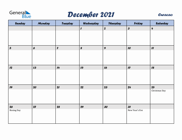 December 2021 Calendar with Holidays in Curacao