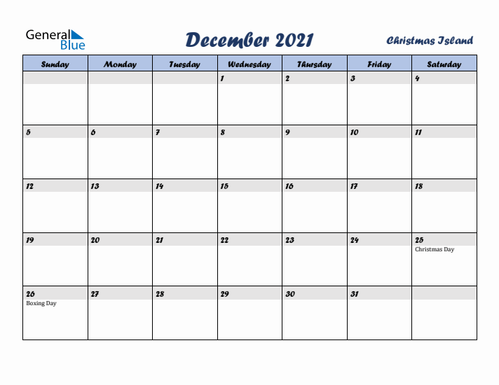 December 2021 Calendar with Holidays in Christmas Island