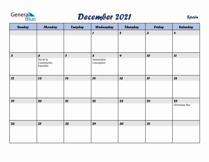 December 2021 Calendar with Holidays in Spain