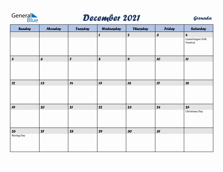 December 2021 Calendar with Holidays in Grenada