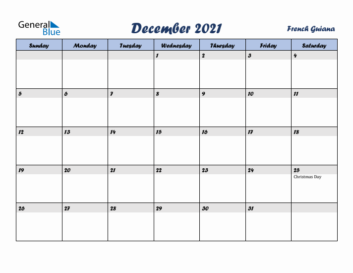 December 2021 Calendar with Holidays in French Guiana