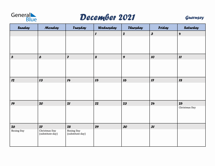 December 2021 Calendar with Holidays in Guernsey