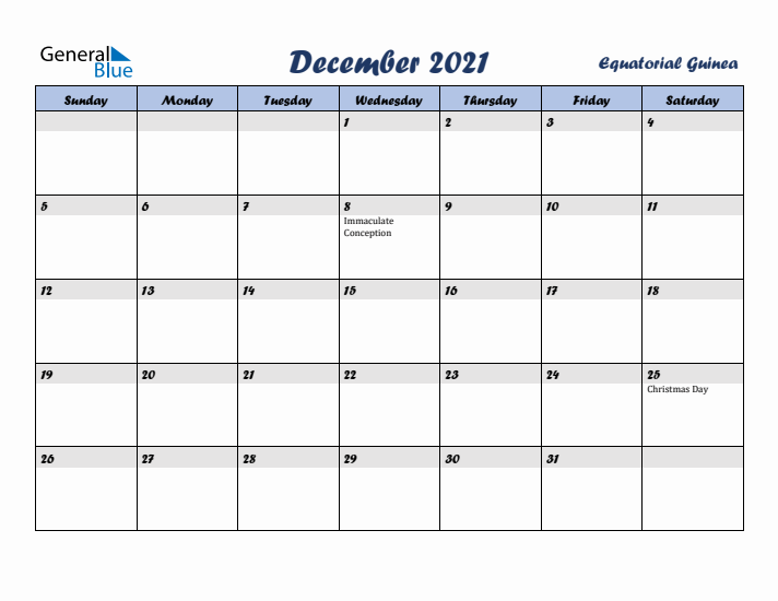 December 2021 Calendar with Holidays in Equatorial Guinea