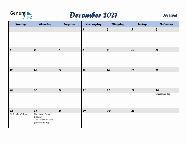 December 2021 Calendar with Holidays in Ireland