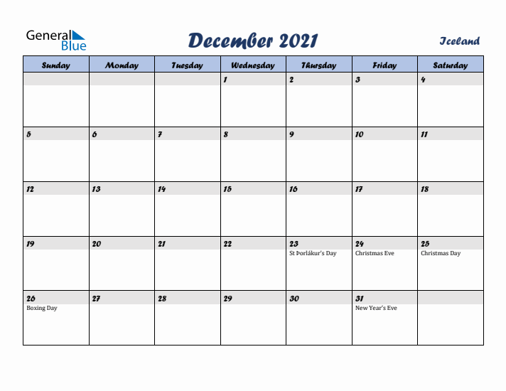 December 2021 Calendar with Holidays in Iceland