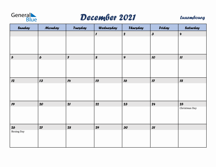 December 2021 Calendar with Holidays in Luxembourg