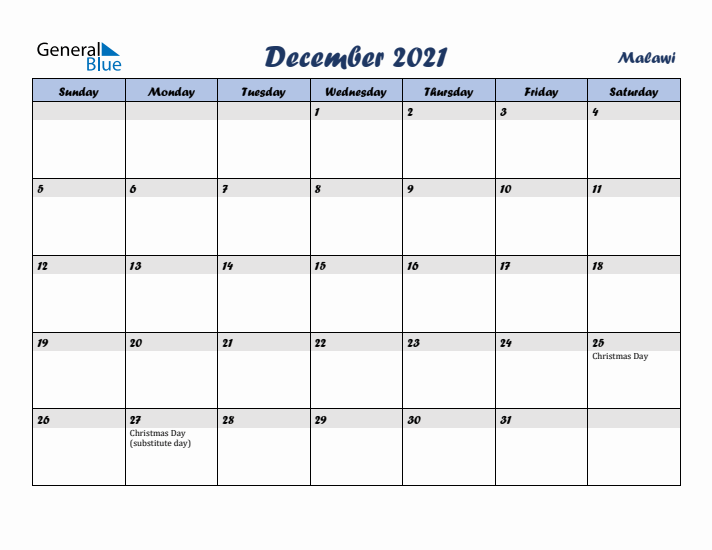 December 2021 Calendar with Holidays in Malawi