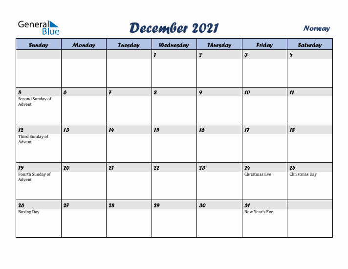 December 2021 Calendar with Holidays in Norway