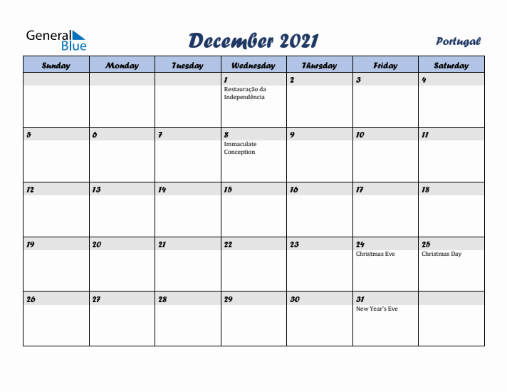 December 2021 Calendar with Holidays in Portugal