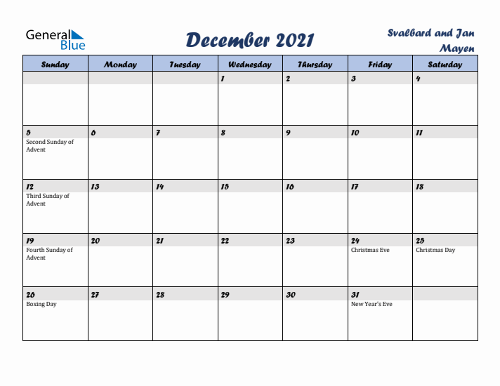 December 2021 Calendar with Holidays in Svalbard and Jan Mayen