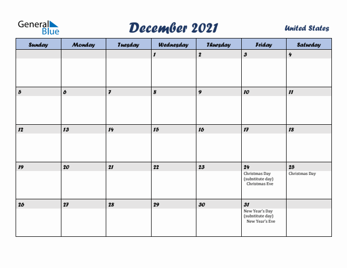 December 2021 Calendar with Holidays in United States