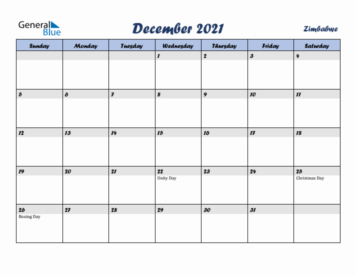 December 2021 Calendar with Holidays in Zimbabwe