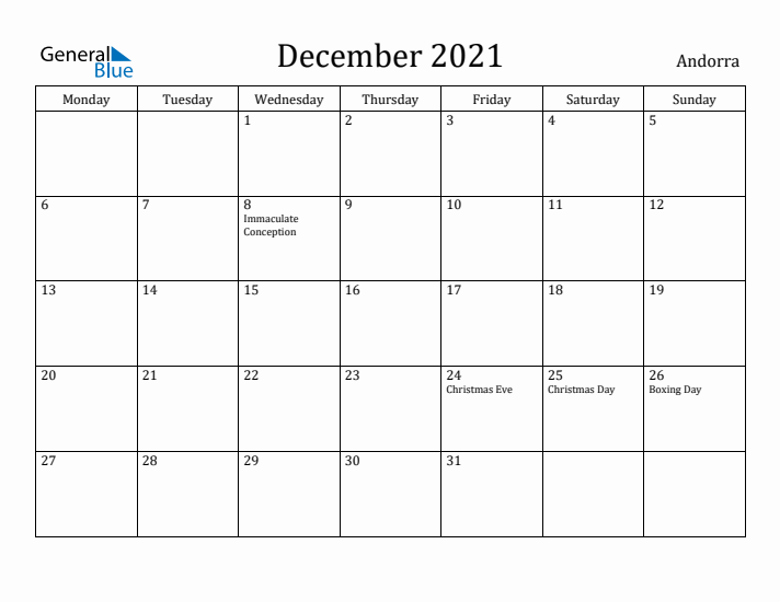 December 2021 Calendar Andorra