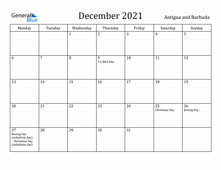 December 2021 Calendar Antigua and Barbuda