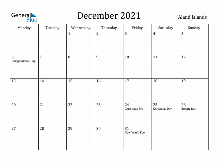 December 2021 Calendar Aland Islands