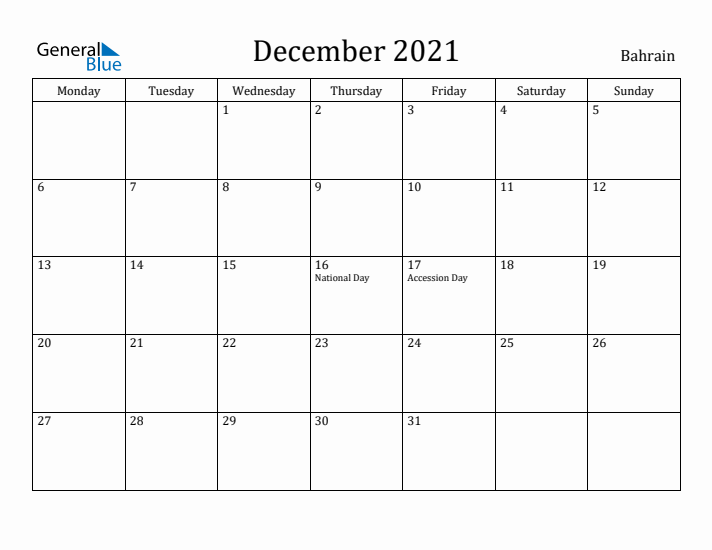 December 2021 Calendar Bahrain