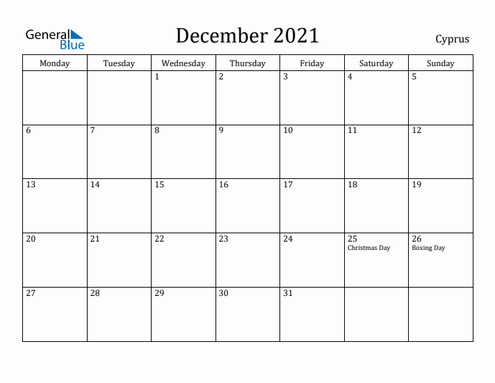 December 2021 Calendar Cyprus