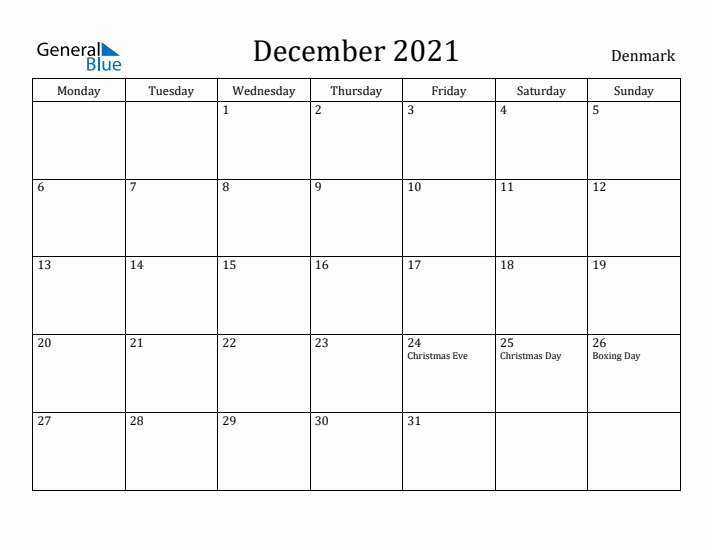 December 2021 Calendar Denmark