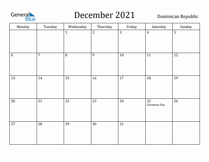 December 2021 Calendar Dominican Republic