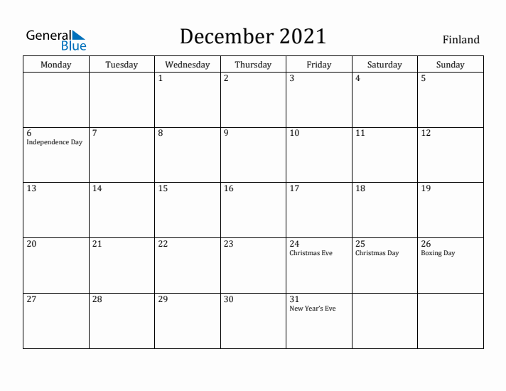 December 2021 Calendar Finland