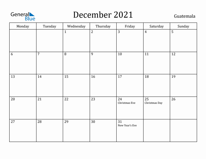 December 2021 Calendar Guatemala