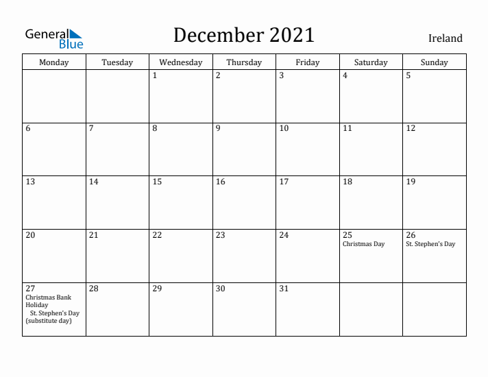 December 2021 Calendar Ireland