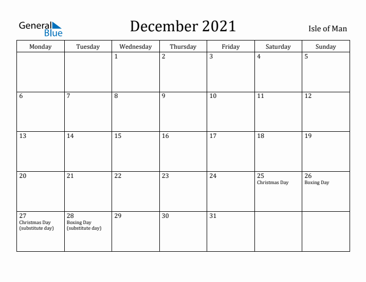 December 2021 Calendar Isle of Man