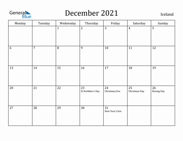 December 2021 Calendar Iceland