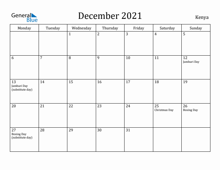 December 2021 Calendar Kenya