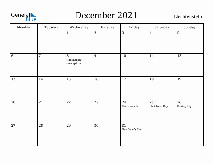 December 2021 Calendar Liechtenstein