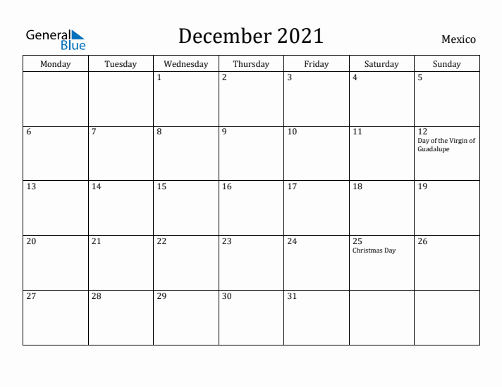 December 2021 Calendar Mexico