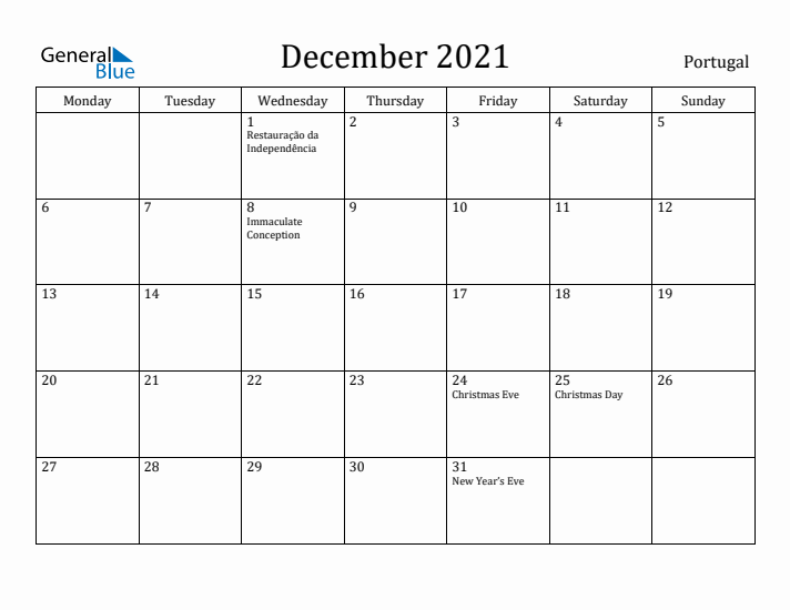 December 2021 Calendar Portugal