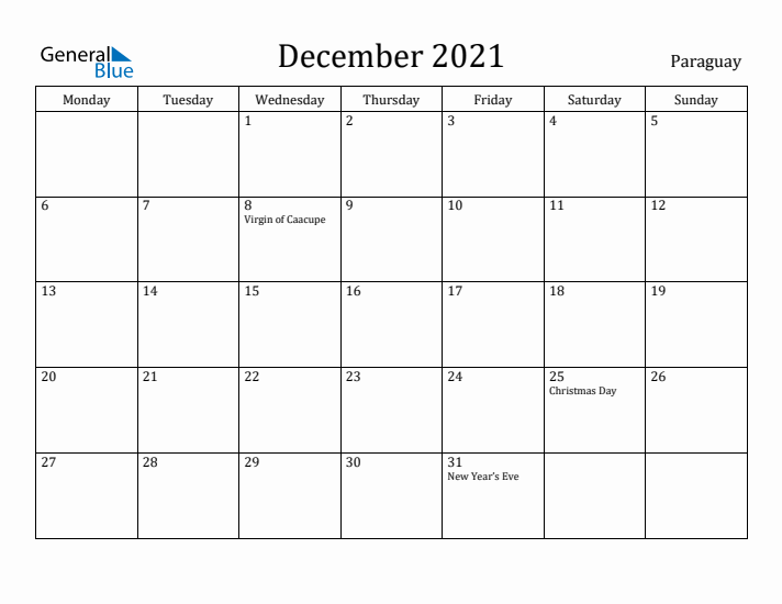 December 2021 Calendar Paraguay