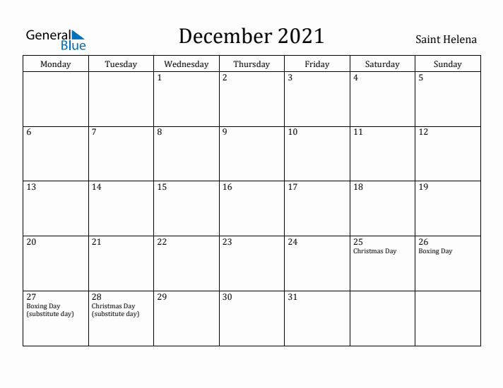 December 2021 Calendar Saint Helena