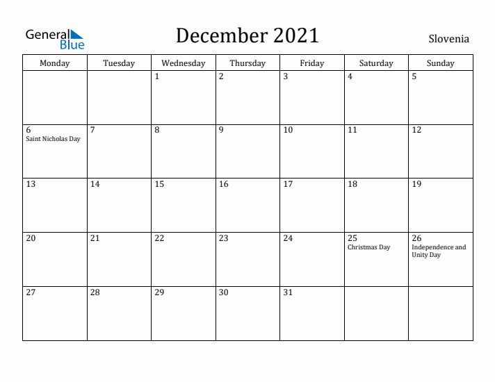 December 2021 Calendar Slovenia