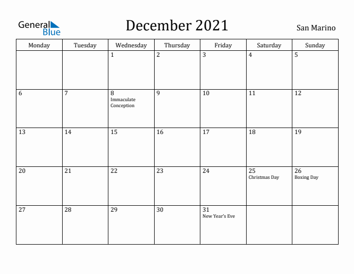 December 2021 Calendar San Marino