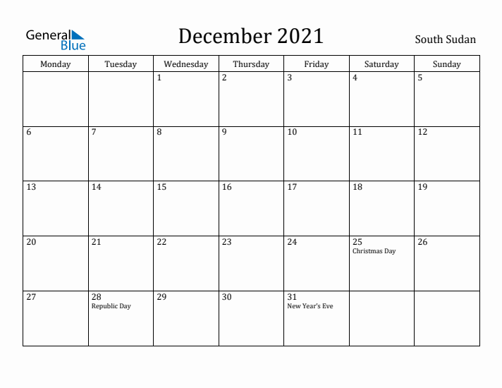 December 2021 Calendar South Sudan