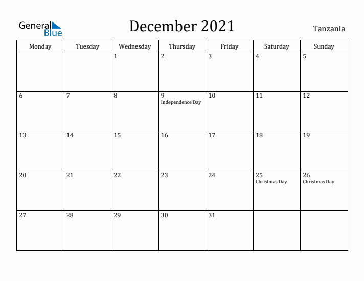 December 2021 Calendar Tanzania