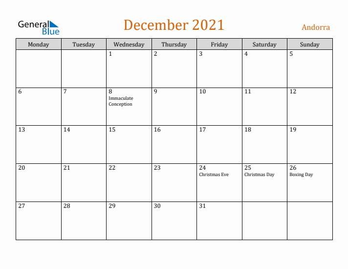 December 2021 Holiday Calendar with Monday Start