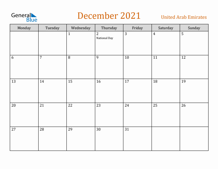 December 2021 Holiday Calendar with Monday Start