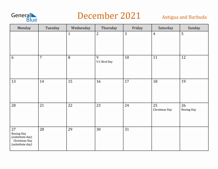 December 2021 Holiday Calendar with Monday Start