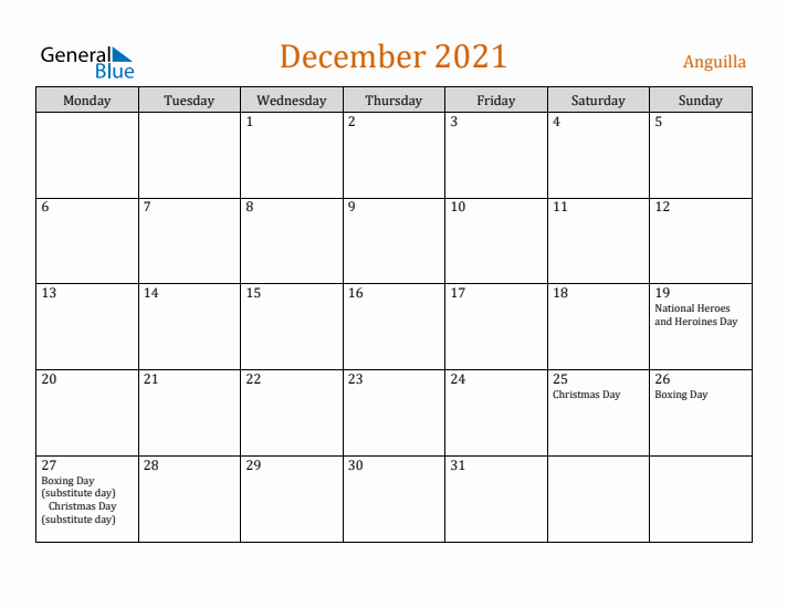 December 2021 Holiday Calendar with Monday Start